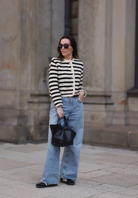 Classic Stripes Meet Casual Ease with Wide-Leg Jeans & Adidas Sambas