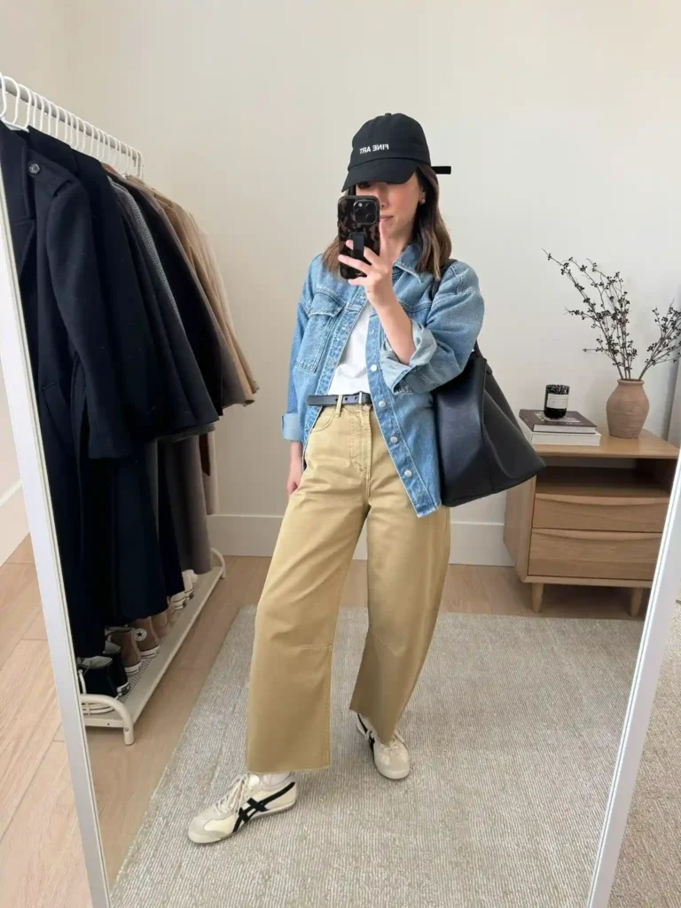 Effortless Neutral Balance with Barrel Jeans & Sneakers