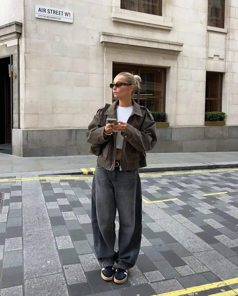 Modern Street Layers with Barrel Jeans and Samba