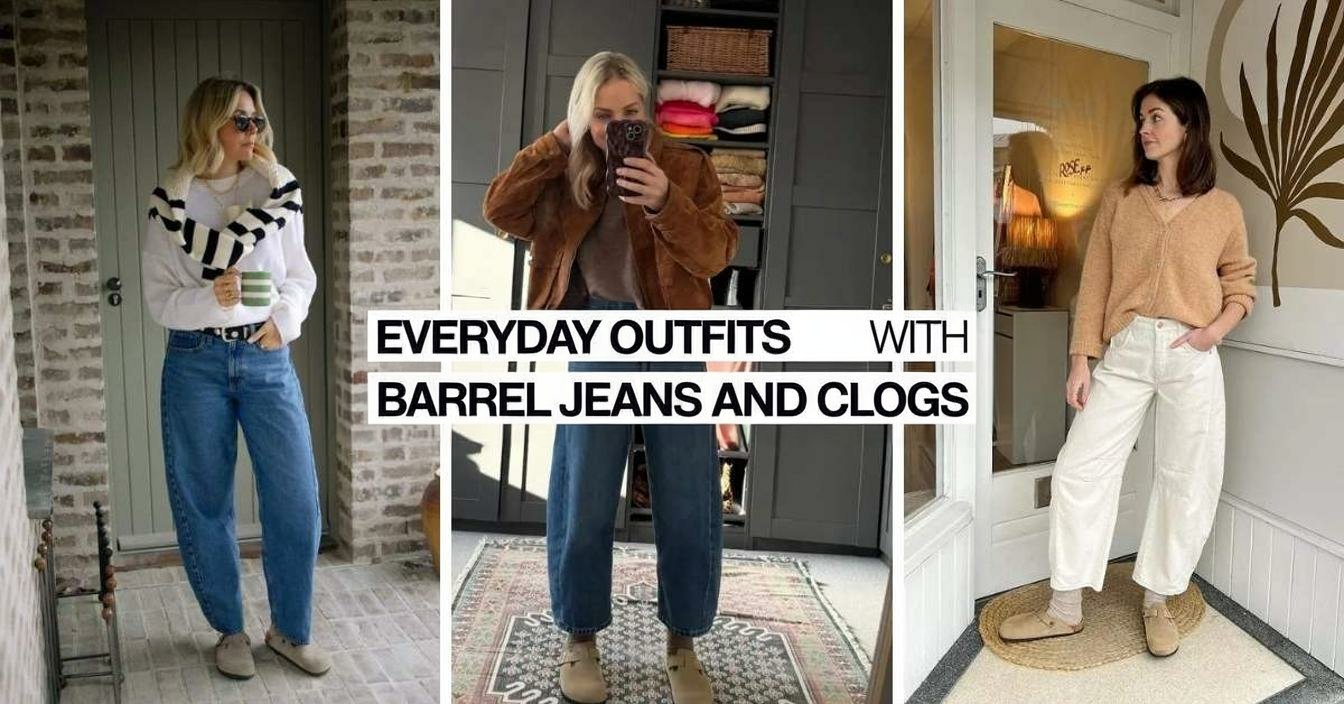 Cozy Everyday Outfits with Barrel Jeans and Clogs