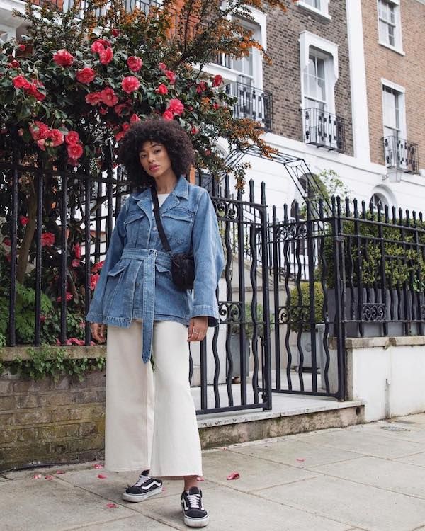 Denim Jacket Belted Style with Cream Wide-Leg Jeans and Vans