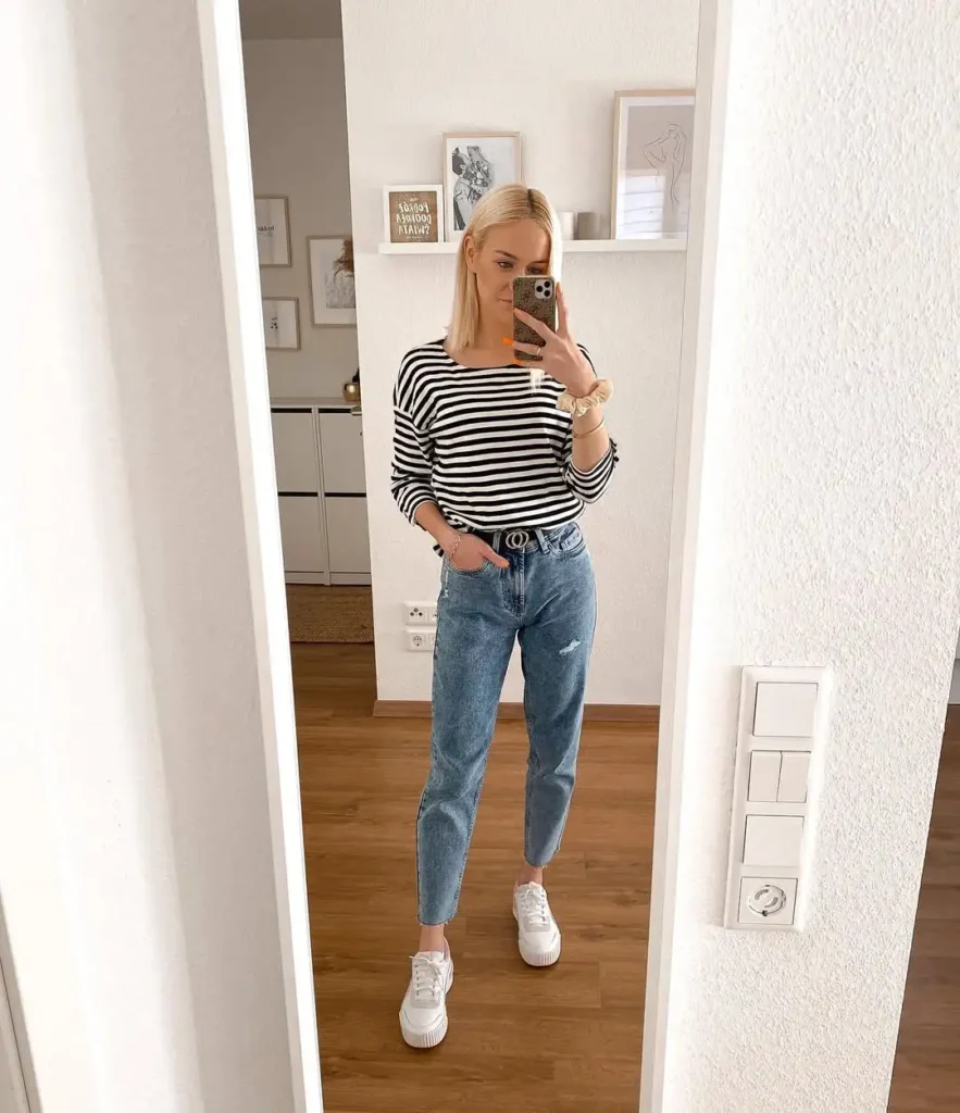 Classic Striped Tee Style with Mom Jeans and Platform Sneakers