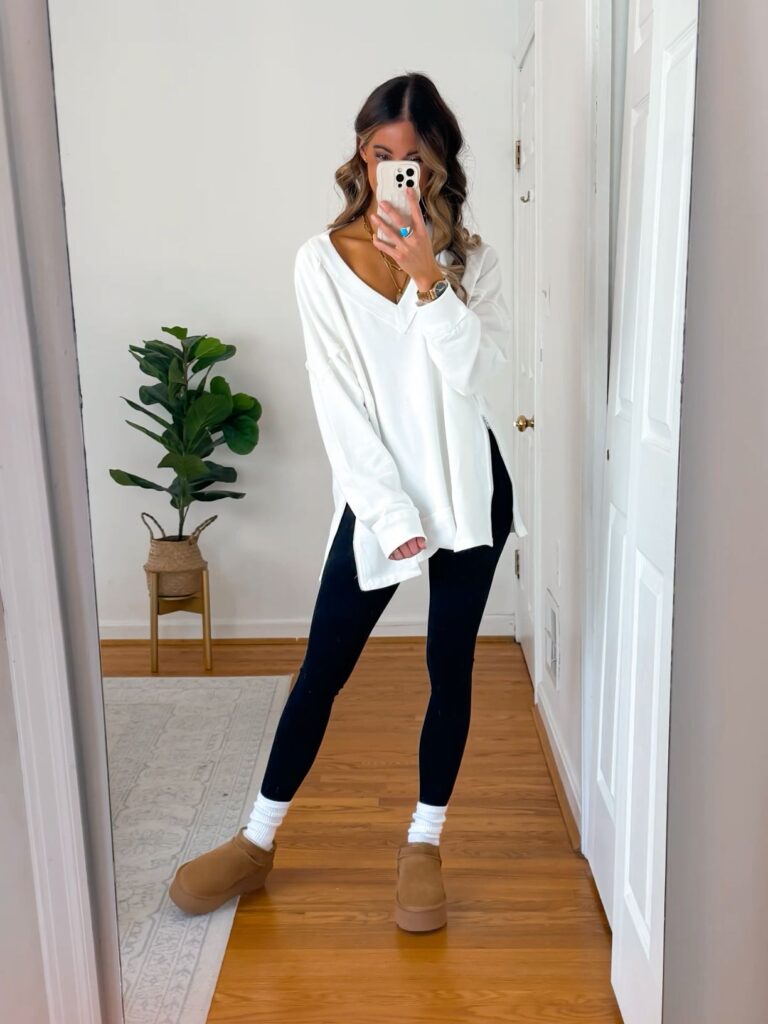 Relaxed White Sweatshirt with Leggings and UGGs
