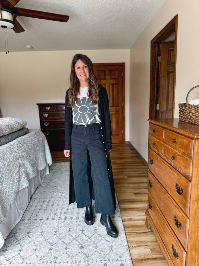 Long Black Duster Cardigan with Wide-Leg Jeans and Chelsea Boots