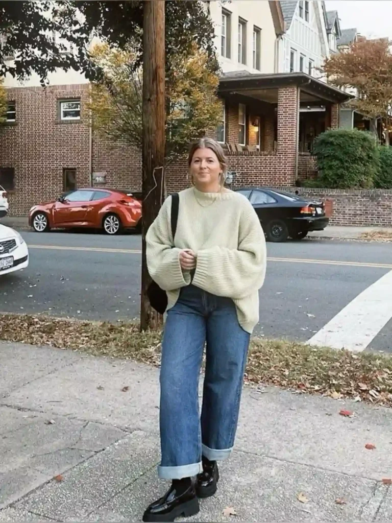 Oversized Cream Sweater with Cuffed Wide-Leg Jeans and Loafers
