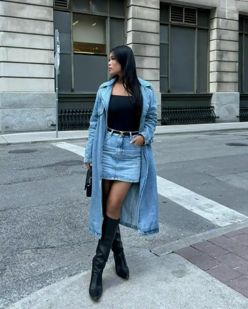 Modern Spring Outfit with Boots and Denim Skirt