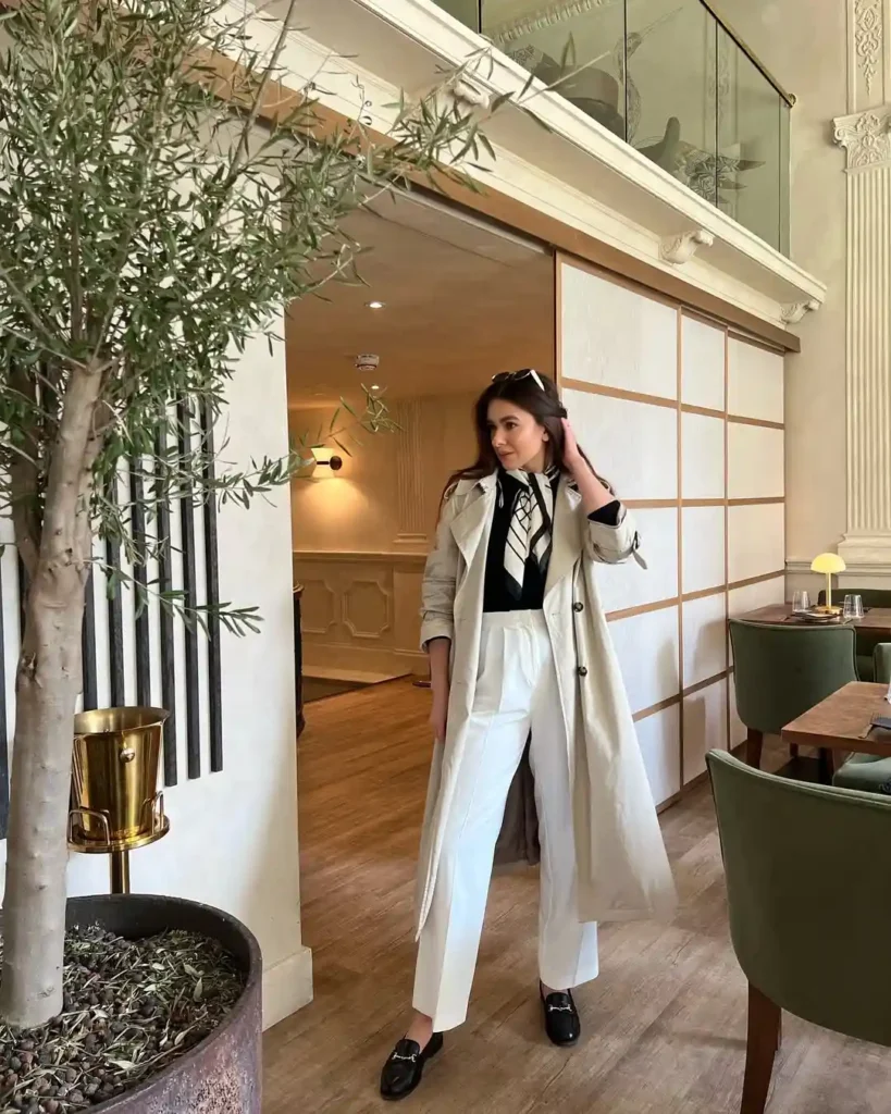 Elegant Indoor Trench Coat Outfit with Loafers