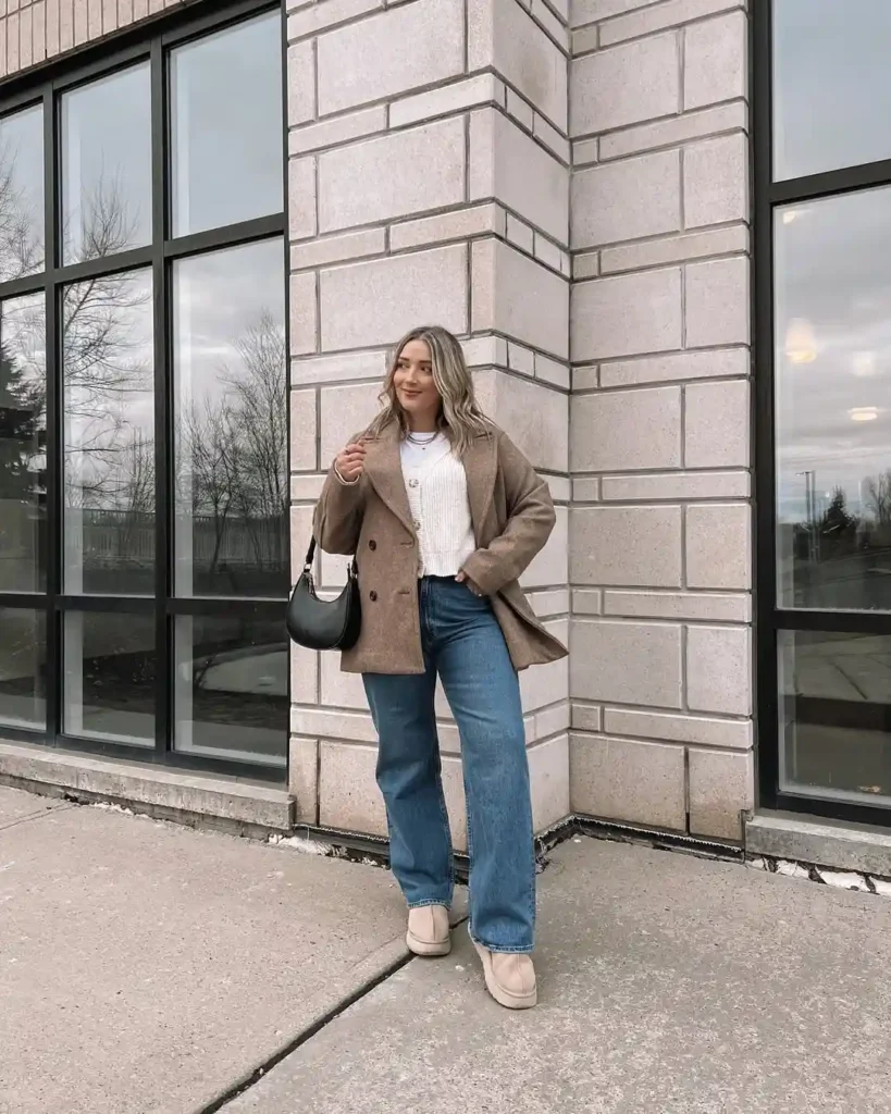 Soft Blazer Layers with Wide-Leg Jeans and Uggs
