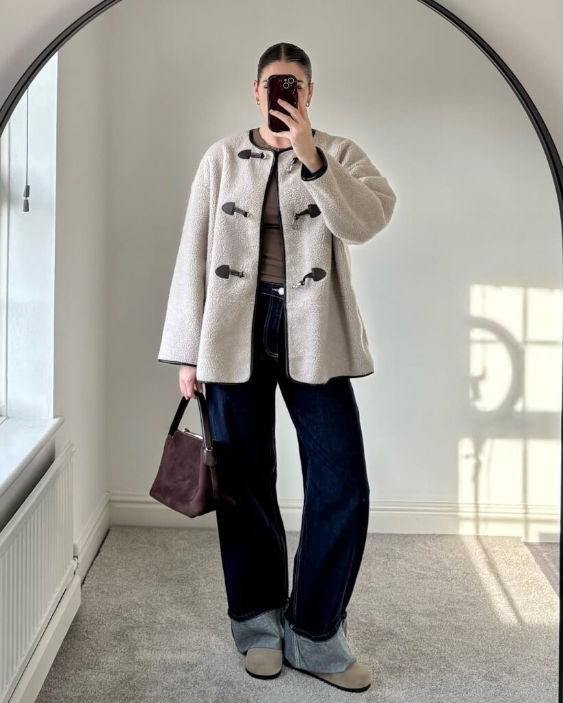 Cozy Shearling Layer with Wide-Leg Jeans + Birkenstocks