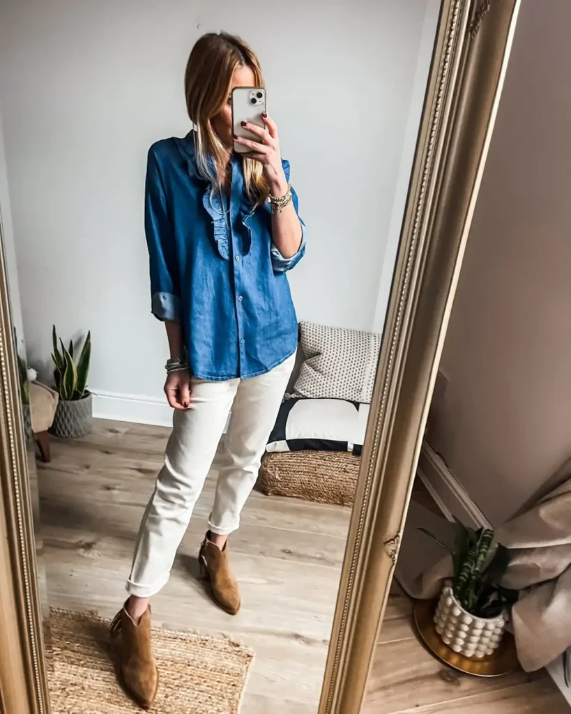 Relaxed Spring Ankle Boots Outfit with Denim Shirt