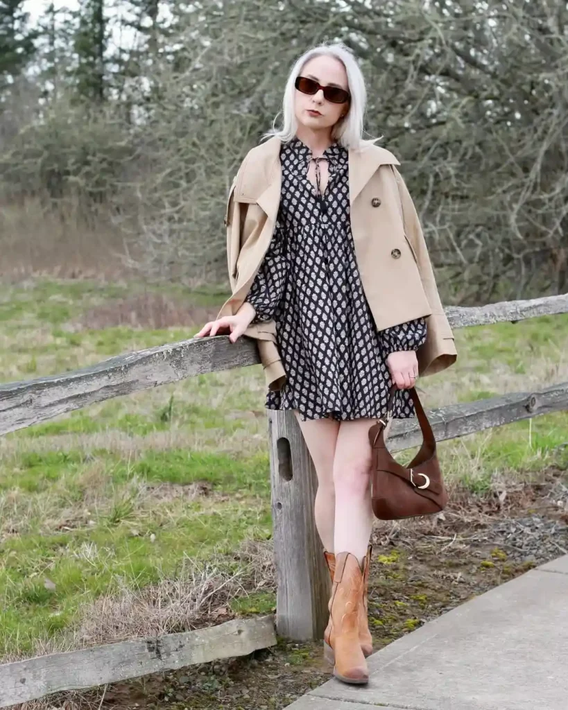 Effortless Spring Cowboy Boots Outfit with a Printed Dress