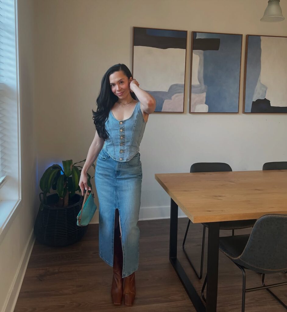 Denim Spring Outfit with Boots and Midi Skirt