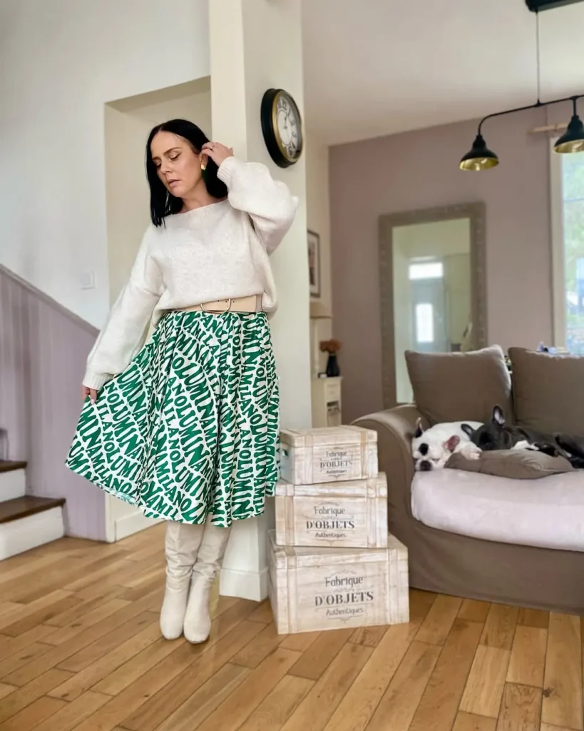 Artistic Spring Outfit with Boots and Printed Skirt