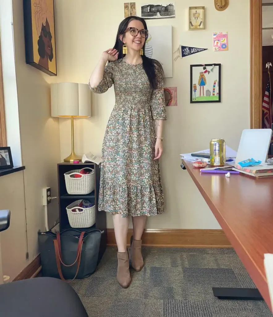 Floral Spring Dress Outfit with Ankle Boots