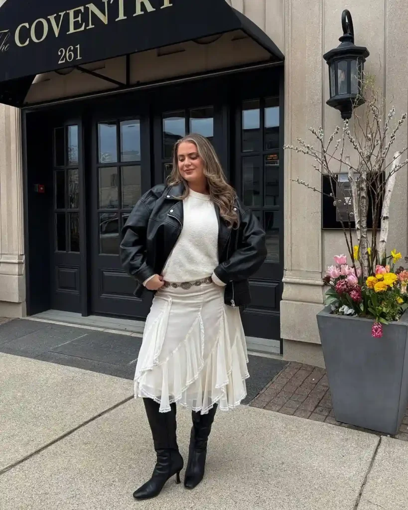 Elegant Spring Outfit with Boots and Flowy Skirt