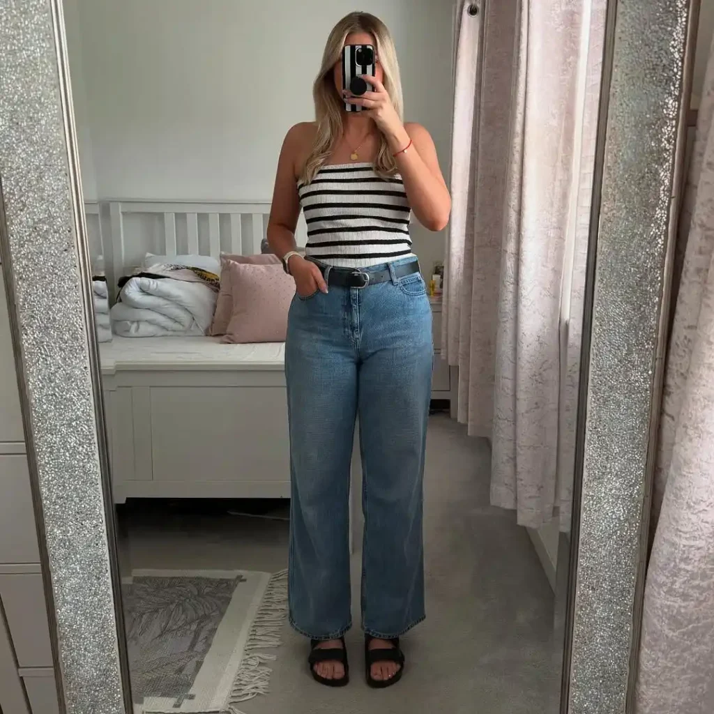 Striped Tank with Wide-Leg Jeans + Birkenstock Slides