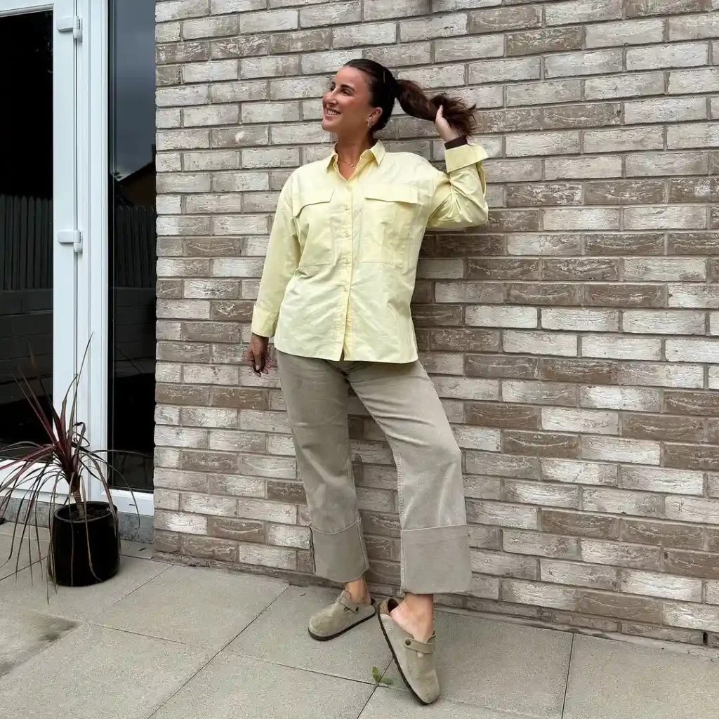 Soft Yellow Shirt with Wide-Leg Jeans + Birkenstocks