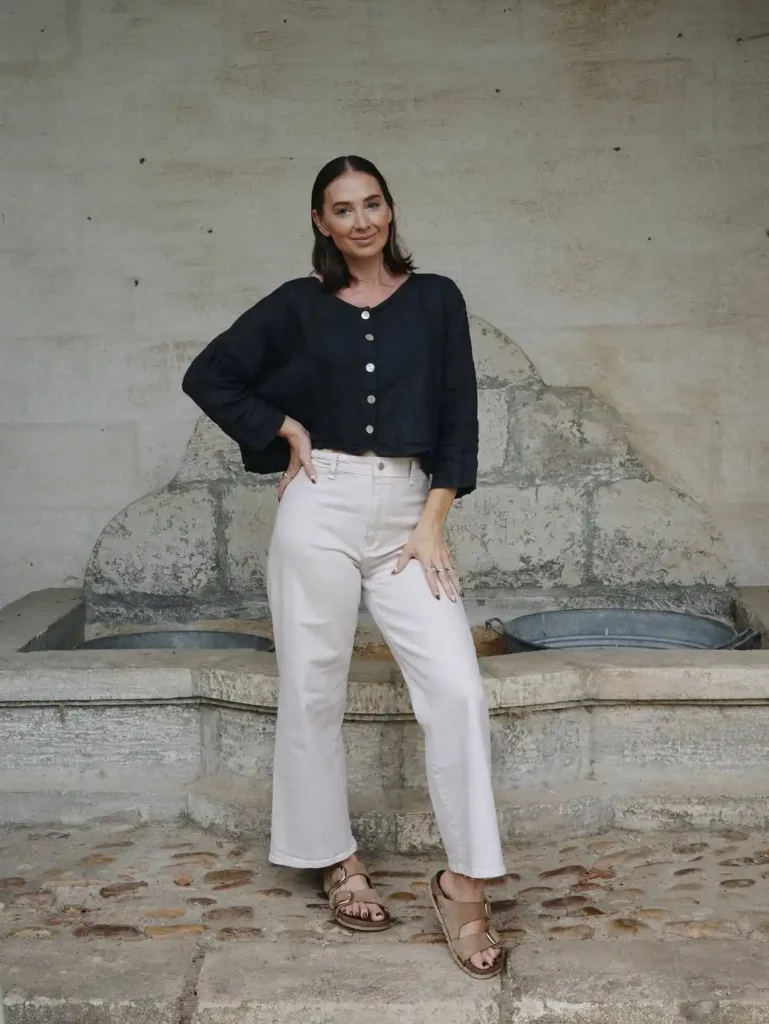 Cropped Black Top with Light Wide-Leg Jeans + Birkenstocks