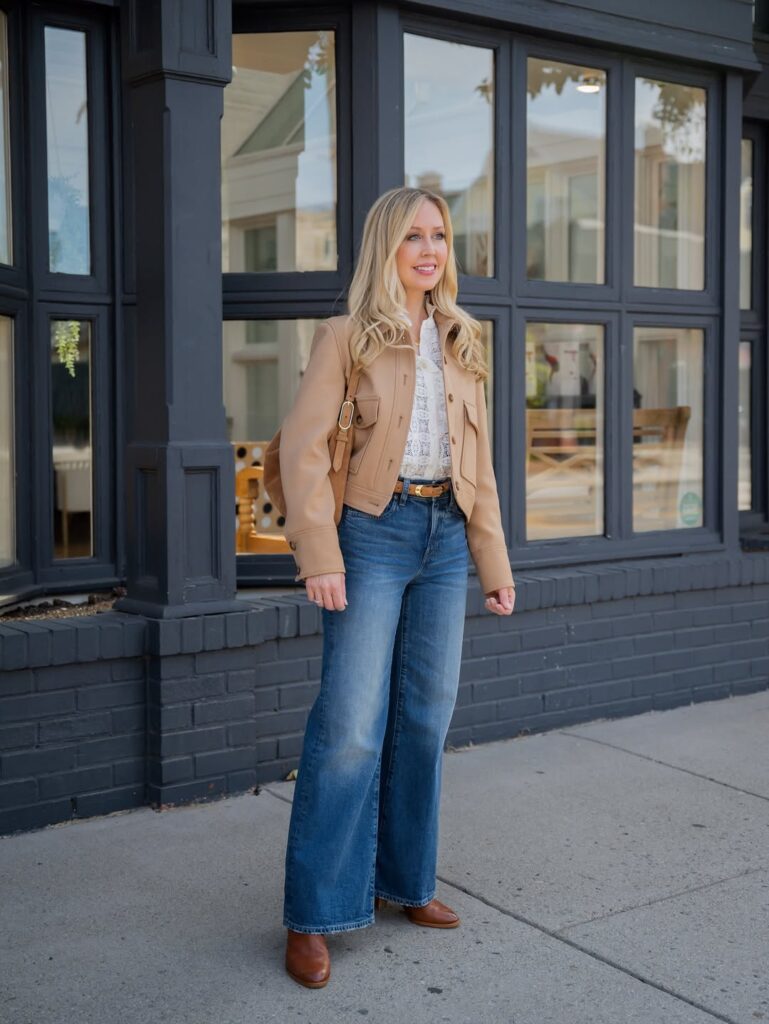 Polished Neutral Layers with Wide-Leg Jeans and Brown Boots