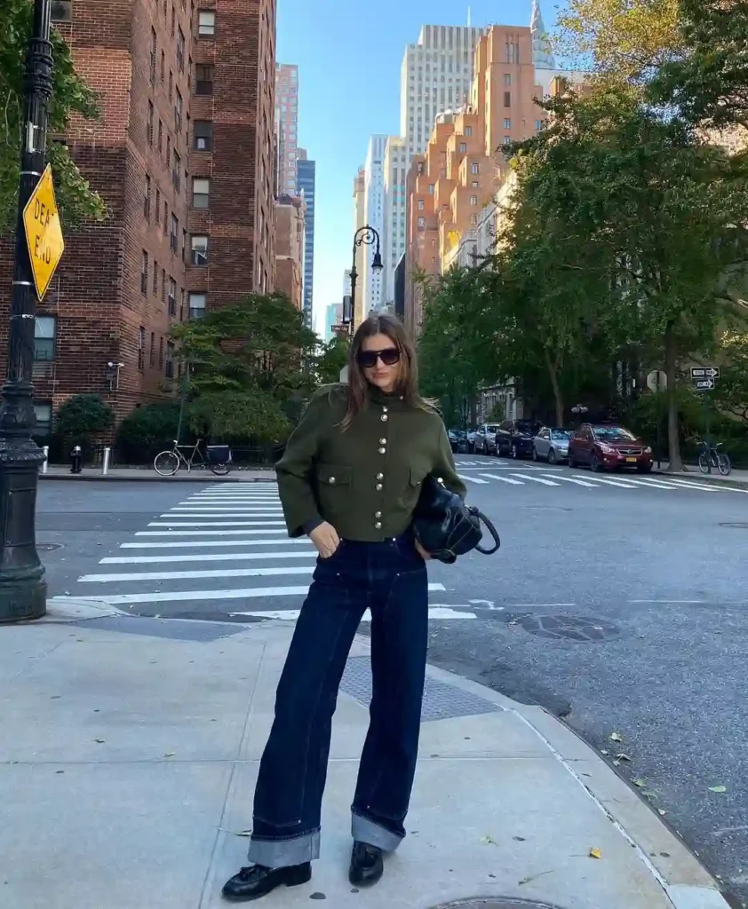 Olive Jacket City Look with Wide-Leg Jeans and Loafers