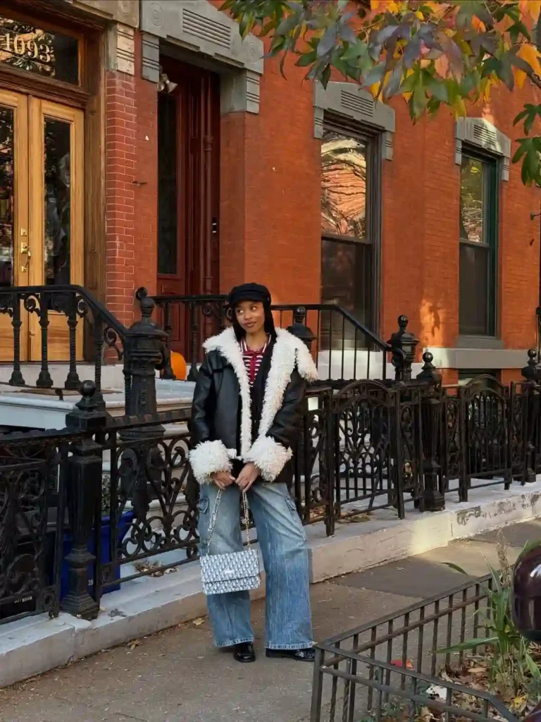 Shearling Jacket Cool-Girl Look with Wide-Leg Jeans and Loafers