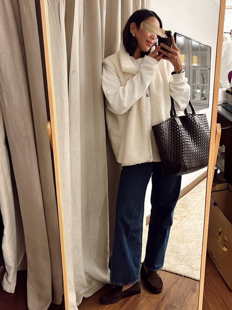 Cozy Sherpa Vest Layering with Wide-Leg Jeans and Loafers