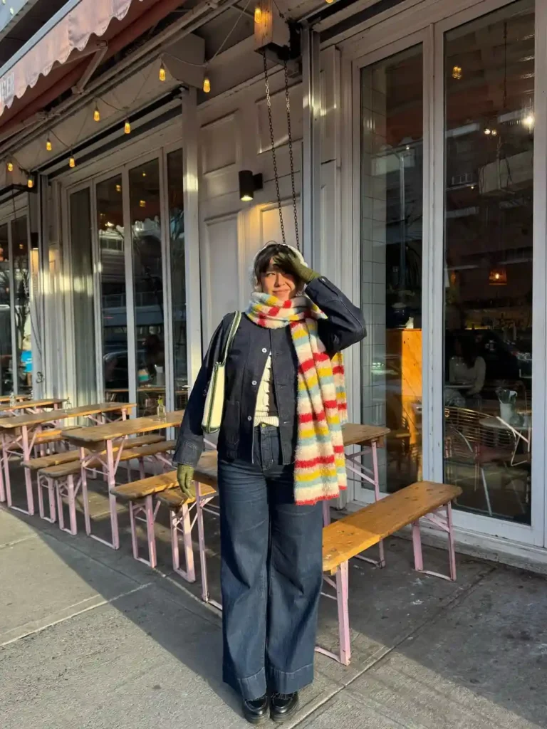 Colorful Scarf Layering with Wide-Leg Jeans and Loafers
