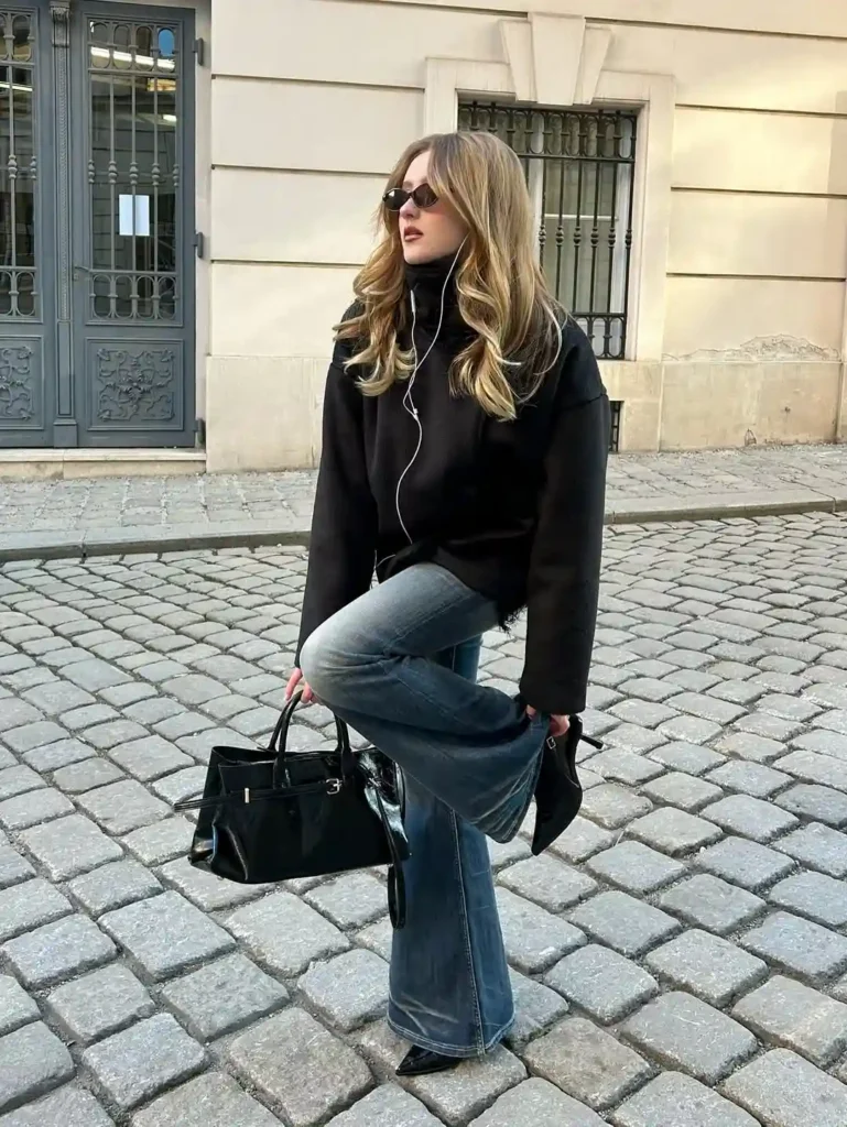 Black Sweater with Wide-Leg Jeans and Pointed Heels