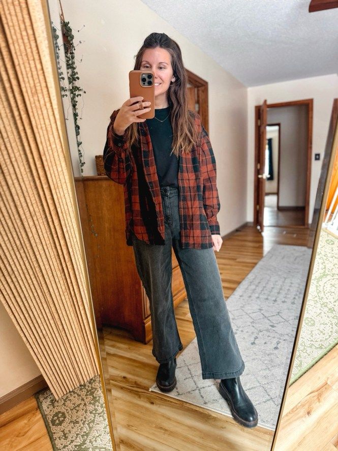 Plaid Overshirt with Charcoal Wide-Leg Jeans and Chelsea Boots