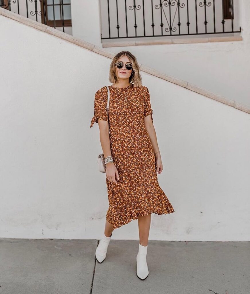 Effortless Spring Ankle Boots Outfit with Floral Midi Dress