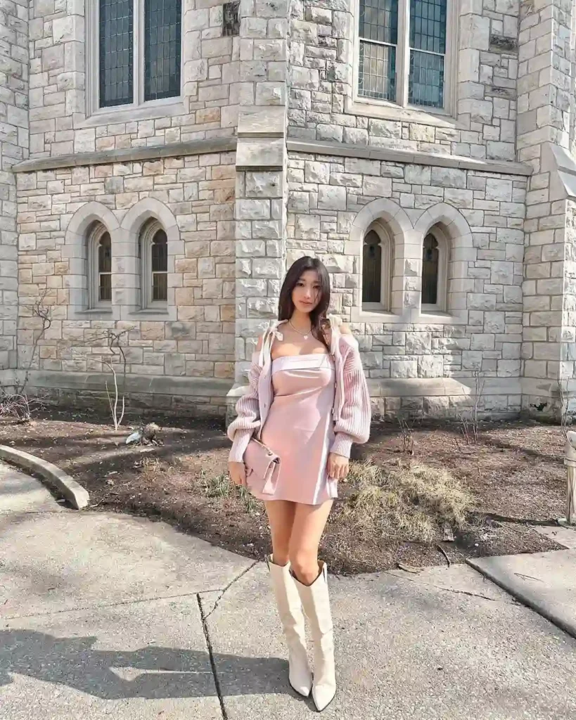 Soft Spring Cowboy Boots Outfit with a Pastel Mini Dress