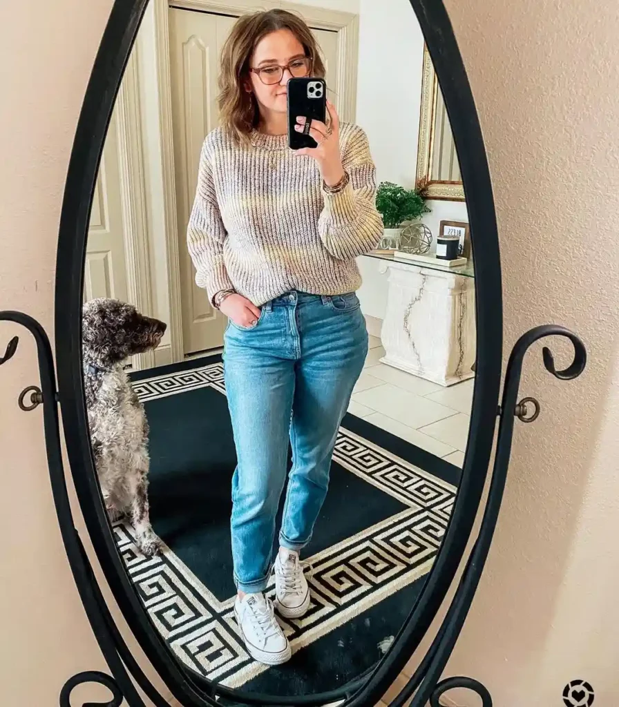 Cozy Knit Look with Light Mom Jeans and Sneakers