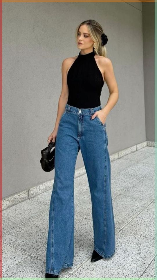 Halter Neck Black Top with Wide-Leg Jeans and Sharp Heels