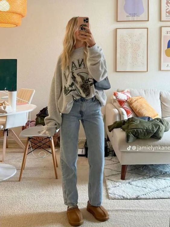 Casual Graphic Sweatshirt with Jeans and UGG Tasman Slippers