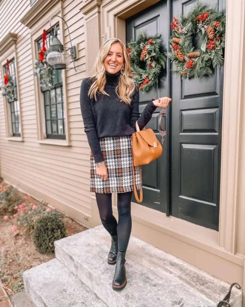 Classic Knit and Plaid Skirt Outfit with Chelsea Boots