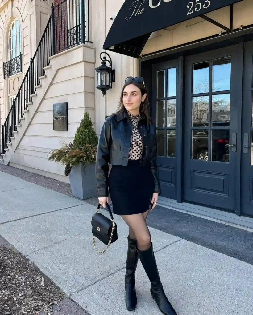 Sleek Spring Knee-High Boots Outfit with a Leather Jacket