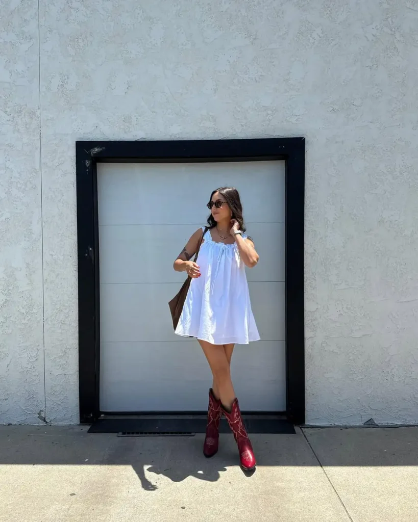 Breezy Spring Cowboy Boots Outfit with a Flowy Mini Dress