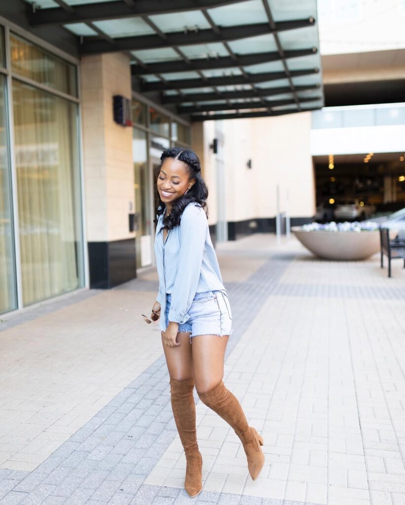 Casual Spring Knee-High Boots Outfit with Denim Shorts
