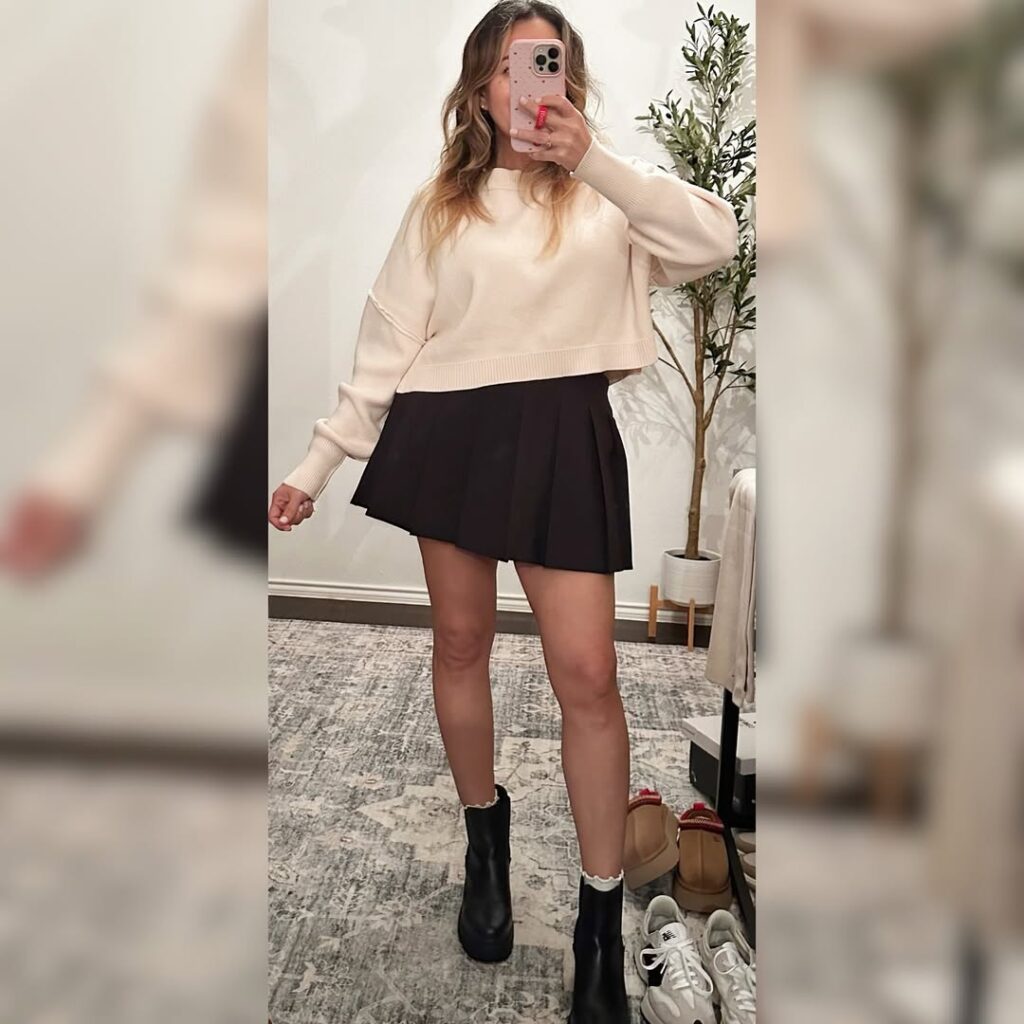 Cute Pleated Skirt Outfit with Chelsea Boots