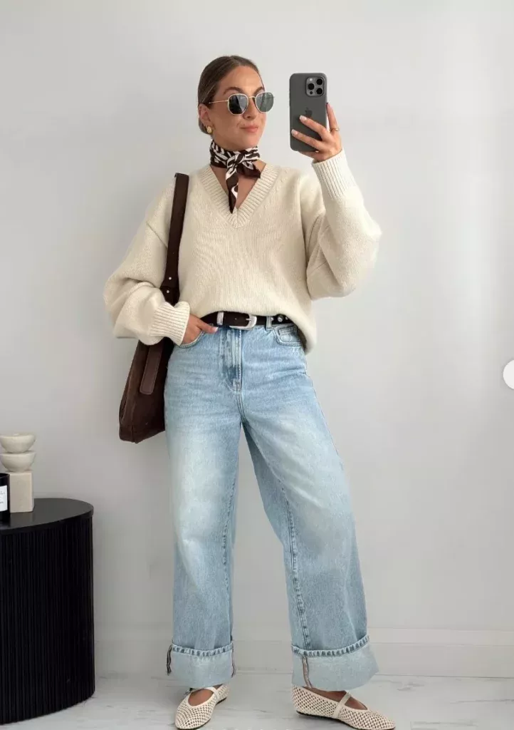 Cream Sweater & Cuffed Wide-Leg Jeans