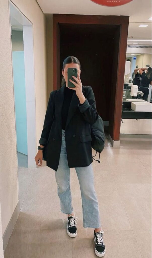 Oversized Blazer + Light-Wash Jeans + Black Vans