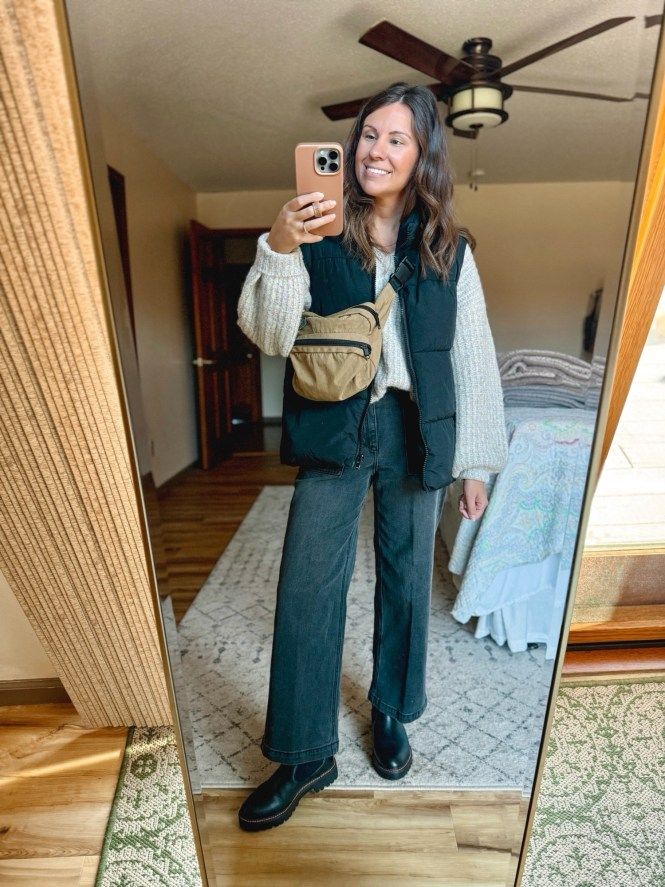Puffer Vest Layering with Wide-Leg Jeans and Chelsea Boots
