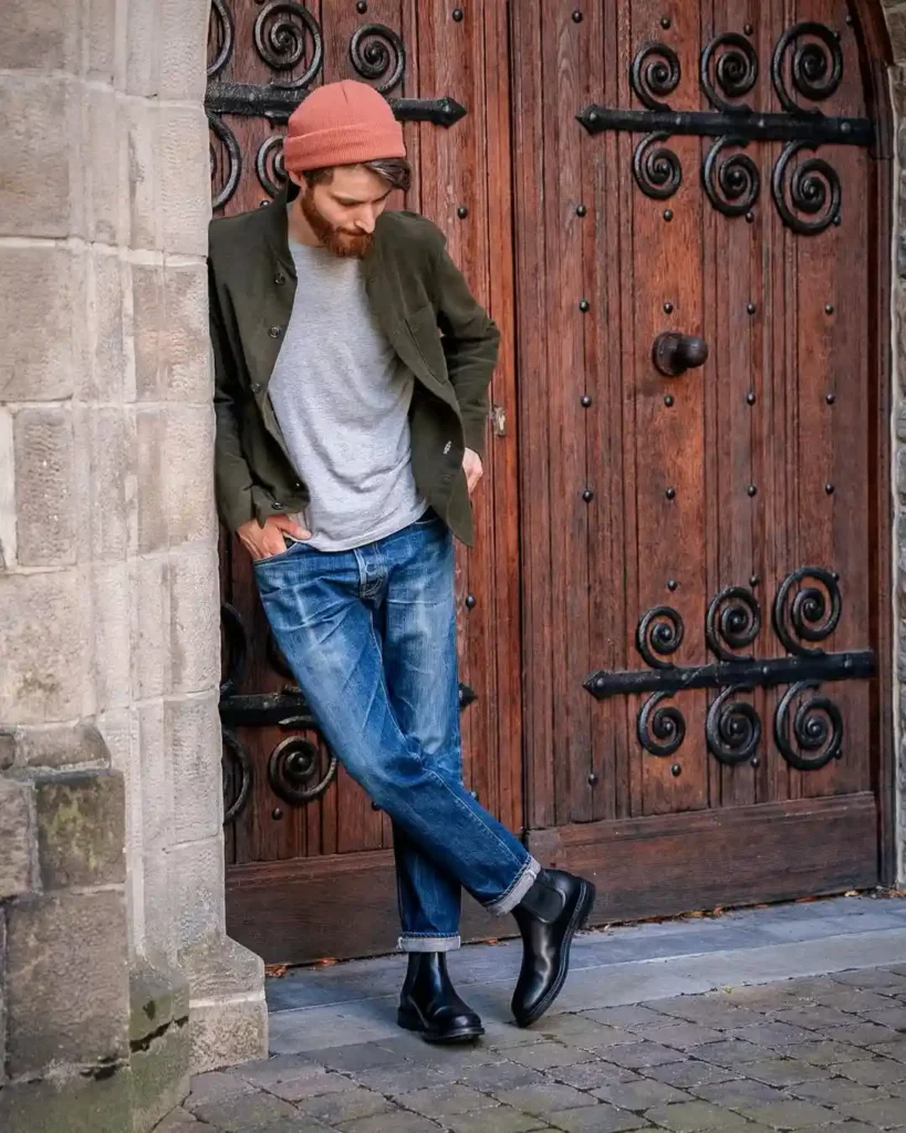 Olive Jacket and Rolled Jeans Chelsea Boots Outfit