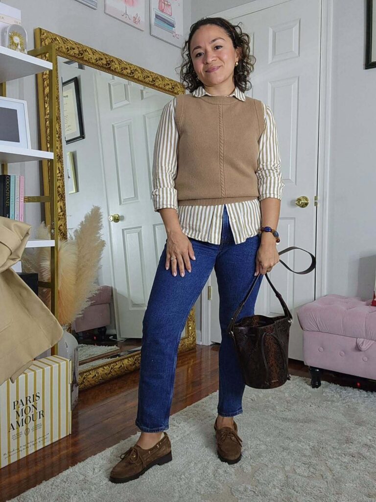 Knit Vest with Striped Shirt, Straight Jeans, and Suede Loafers