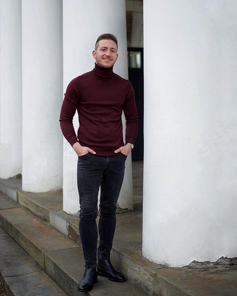 Burgundy Turtleneck and Black Chelsea Boots Jeans Outfit