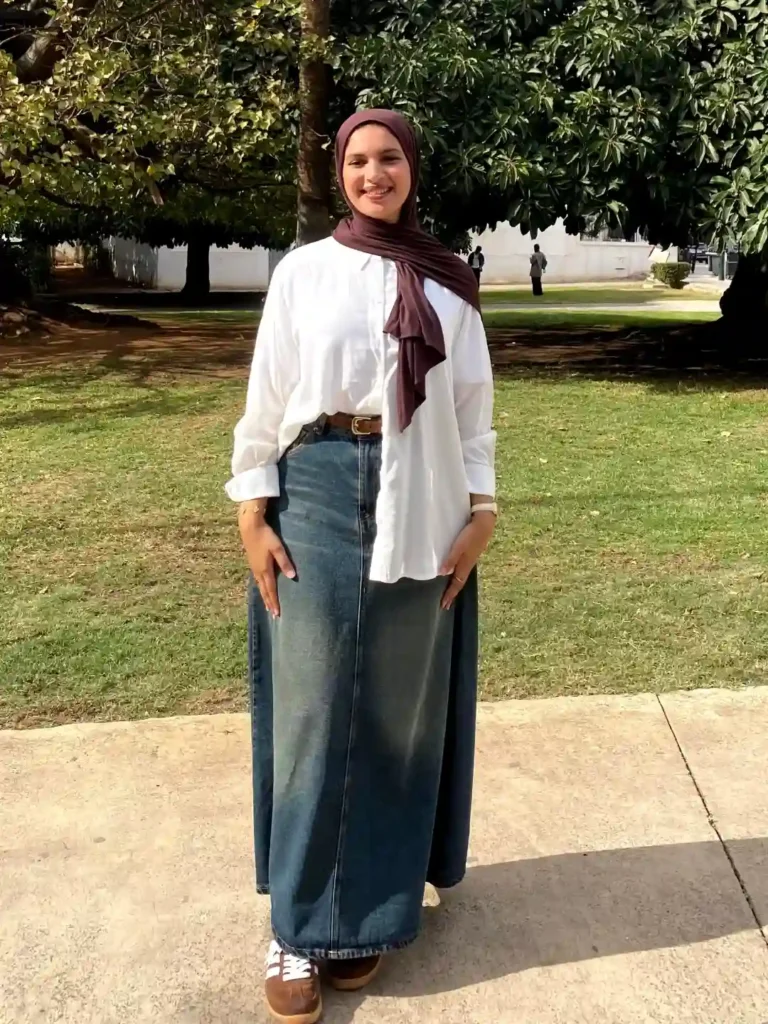 Relaxed Long Denim Skirt Outfit with Adidas Sambas