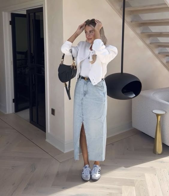 Clean White Layer Denim Skirt Outfit with Adidas Sambas