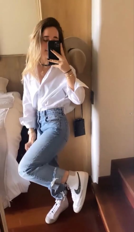White Button Shirt with High-Waist Jeans and Nike Blazer Mid 77