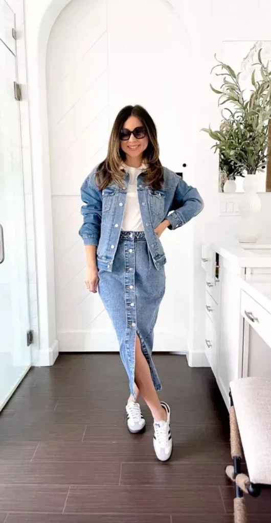 Denim on Denim Skirt Outfit with Adidas Sambas