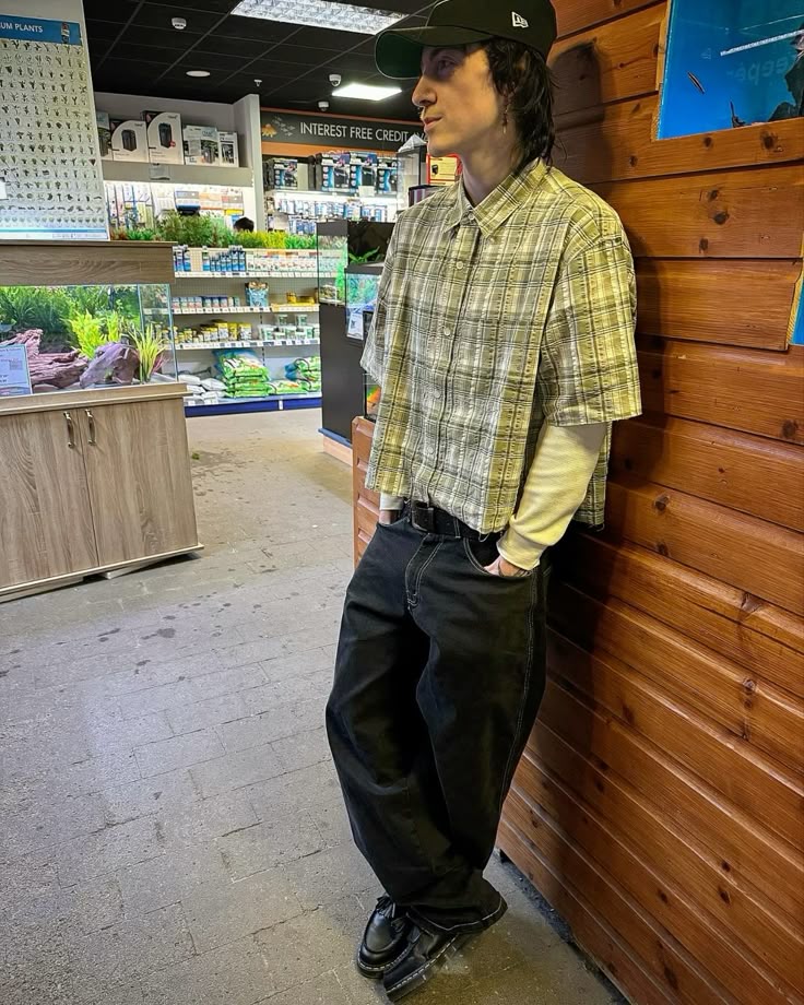 Checked Shirt Layer with Baggy Jeans and Black Loafers